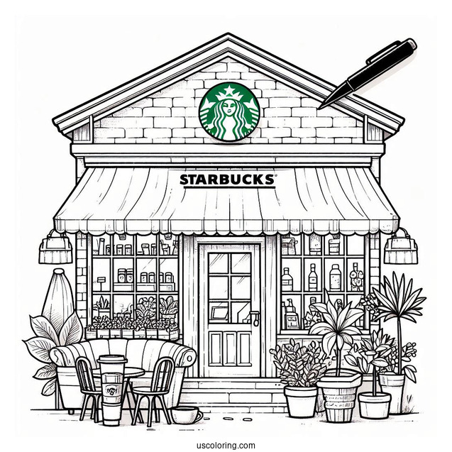Starbucks Coloring Page Of Cafe With Potted Plants
