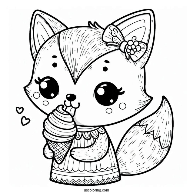Baby Fox Coloring Page Licking An Ice Cream For Preschoolers