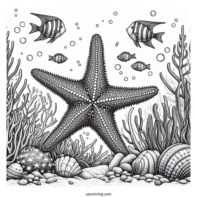 Realistic Starfish Coloring Page On Seafloor With Fishes