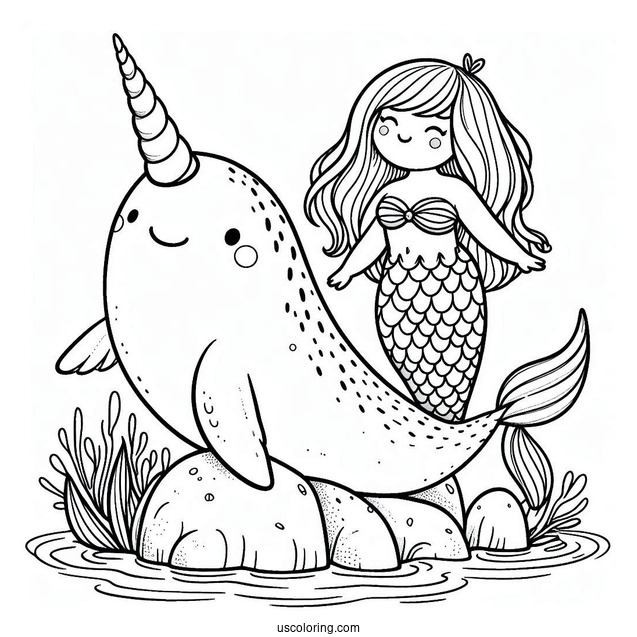 Narwhal Coloring Page And Mermaid Perched On A Rock For Kids