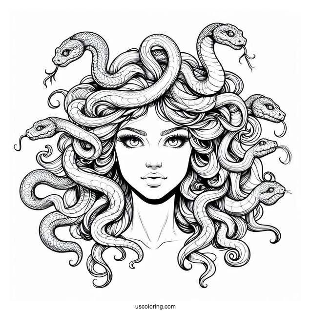 Realistic Medusa Coloring Page With Large Snakes On Head