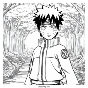 Naruto Coloring Page Of Hinata Hyuga Standing in Forest Path For Kids