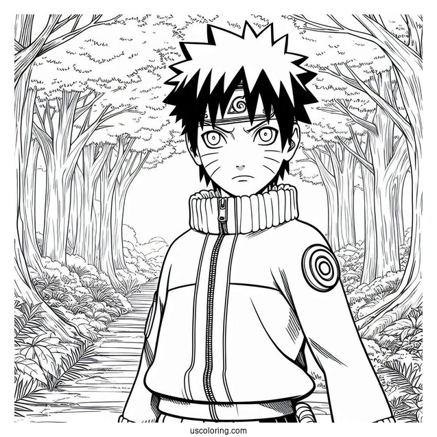 Naruto Coloring Page Of Hinata Hyuga Standing in Forest Path For Kids