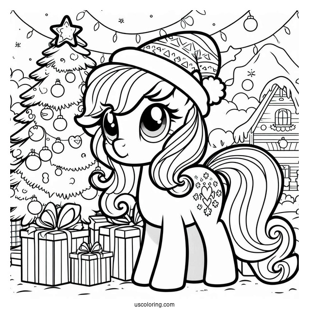 Coloring Page of My Little Pony In Front Of Christmas Tree