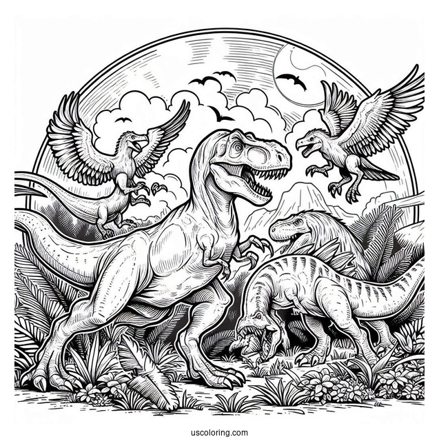 T-Rex Dinosaurs Fighting Velociraptors To Color