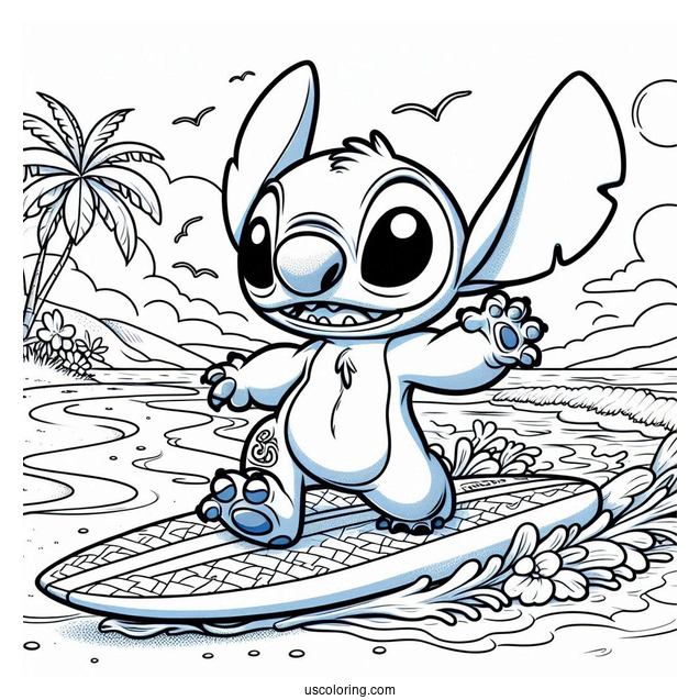 Stitch Running On The Beach With A Surfboard Coloring Sheet