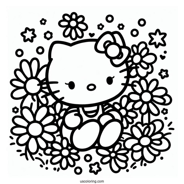 Simple Hello Kitty Surrounded By Daisies Coloring Page For Kids