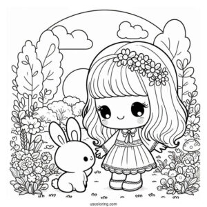Kawaii Precious Moments Coloring Page Of Girl In Garden With Bunny For Kids