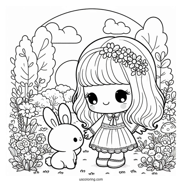 Kawaii Precious Moments Coloring Page Of Girl In Garden With Bunny For Kids