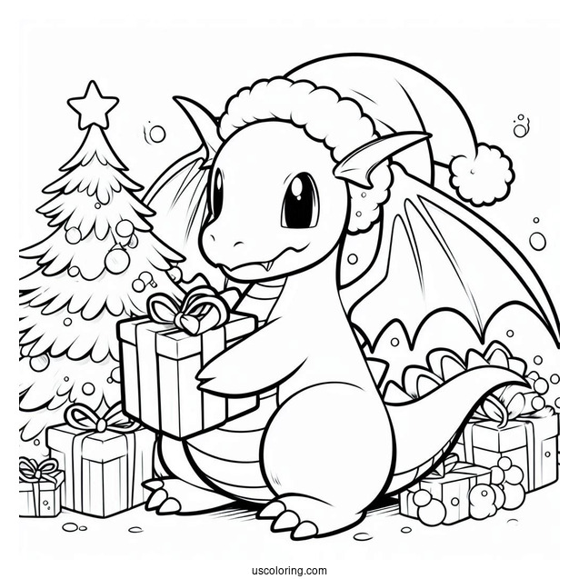 Pokemon Christmas Coloring Page Dragonite Holding A Present