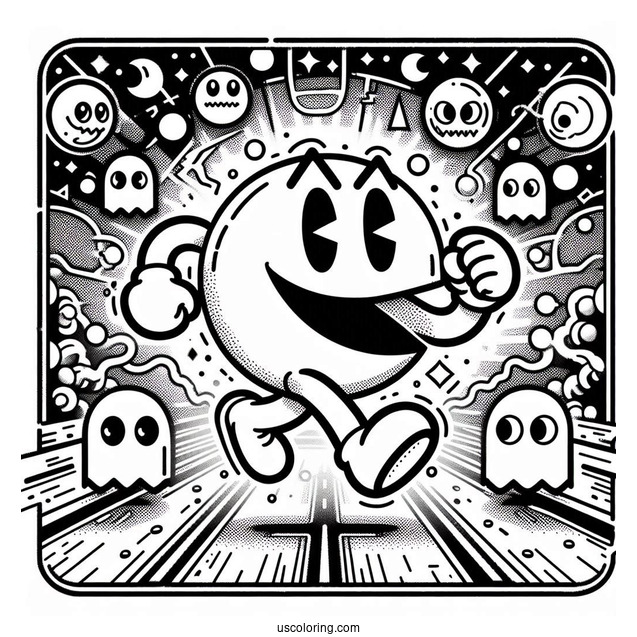 Detailed Pac-Man Coloring Page Running With Ghost Icons In Background Poster