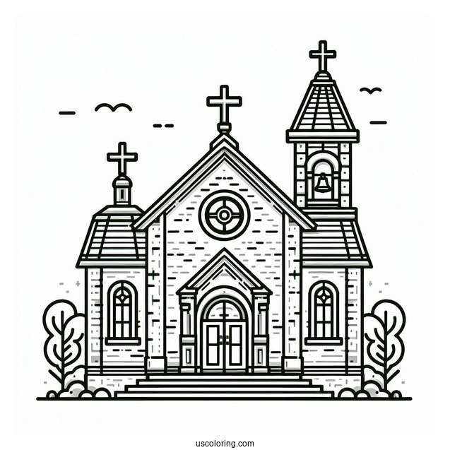 Brick Church Coloring Page Building With Crosses And A Bell Tower