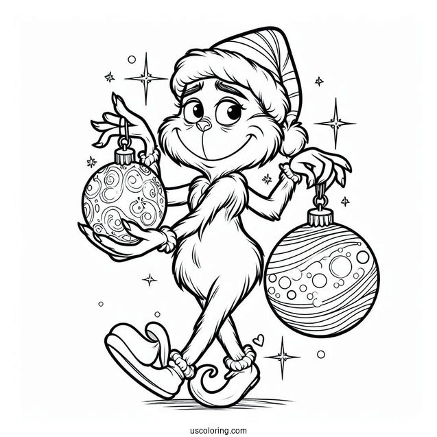 Grinch Holding Bauble Christmas Ornaments Coloring Page For Kids