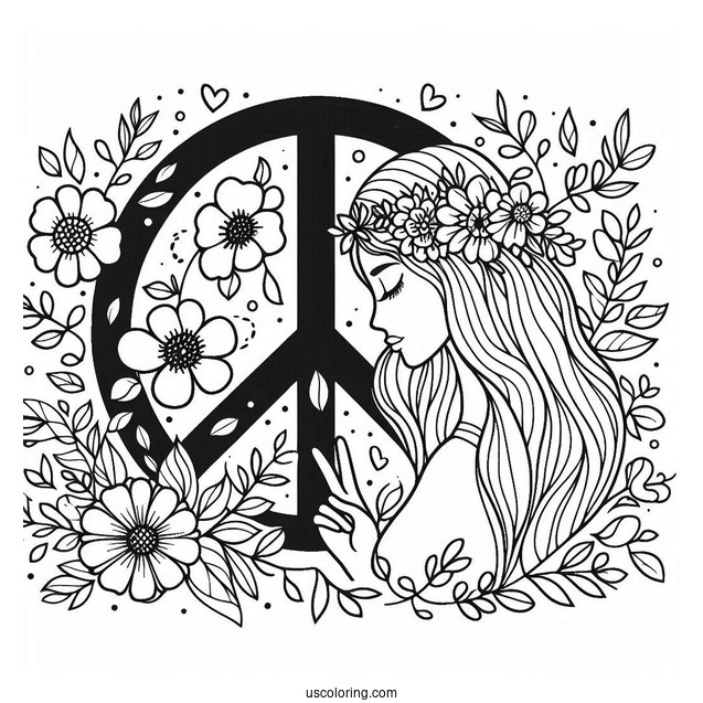 Peace Coloring Page Word And Symbol With Woman And Flowers