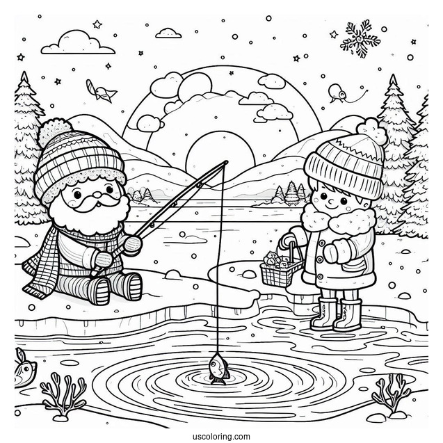 Children Ice Fishing In The North Pole Coloring Page For Kids