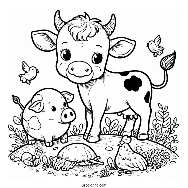 Baby Cow With Pig Chicken And Pig Coloring Sheet