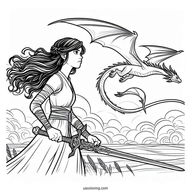 Raya And The Last Dragon Coloring Page Holding Her Sword With Sisu Flying In The Background