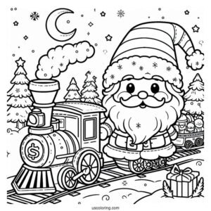 Coloring Page Of a Christmas Train With Santa