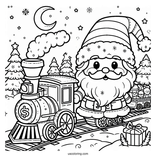 Coloring Page Of a Christmas Train With Santa