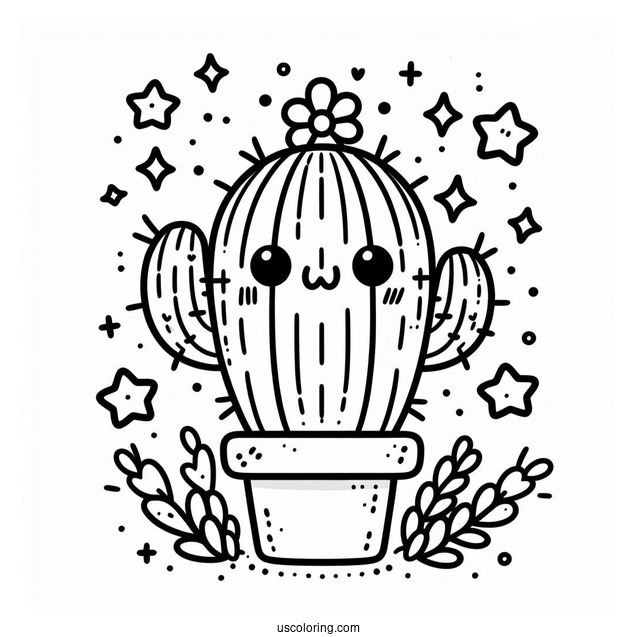 Cute Kawaii Cactus Coloring Page