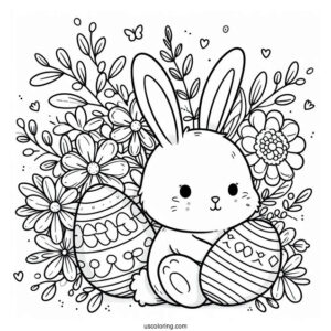 Cute Bunny And Flowers Easter Egg Coloring Page