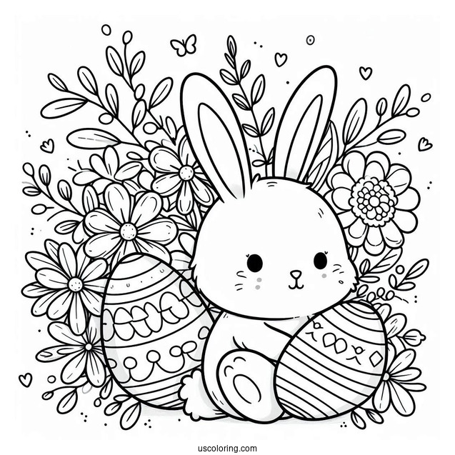Cute Bunny And Flowers Easter Egg Coloring Page
