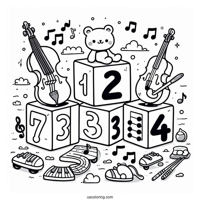 Numberblocks Coloring Page1, 2,3,4,5 Playing Musical Instruments