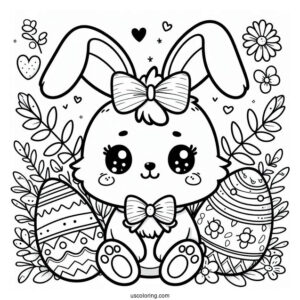 Easter Coloring Page Of Easy Kawaii Easter Bunny With Bow For Preschoolers