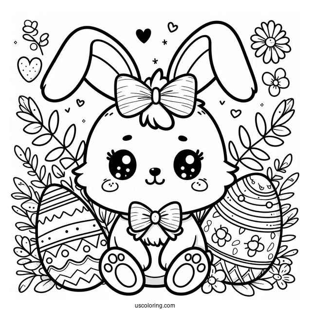 Easter Coloring Page Of Easy Kawaii Easter Bunny With Bow For Preschoolers