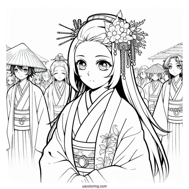 Tanjiro Coloring Page With Nezuko Attending Festival