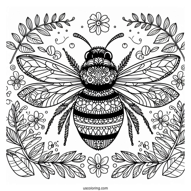 Complex Bumblebee In Nature Pattern Coloring Page