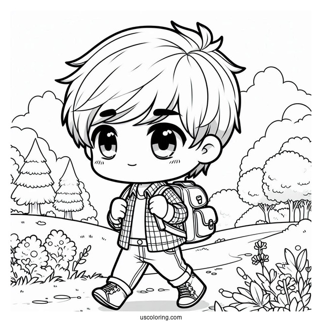 Chibi Coloring Page Schoolboy with Backpack Walking Outdoors