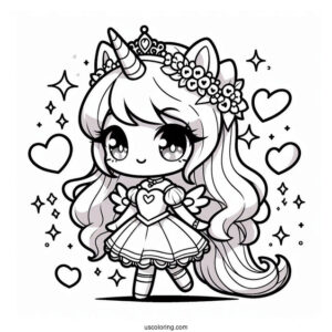 Chibi Unicorn Princess With Love Hearts And Sparkles Coloring Page