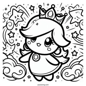 Easy Rosalina Coloring Page With Luma And Stars In Background