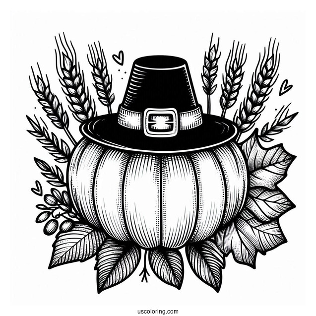 Pumpkin Coloring Page With Pilgrim's Hat, Fall Leaves, And Wheat
