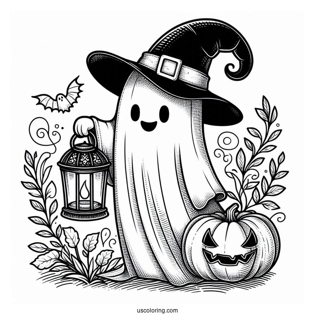 Ghost Pumpkin Coloring Page With Cape And Witch Hat Holding A Lantern