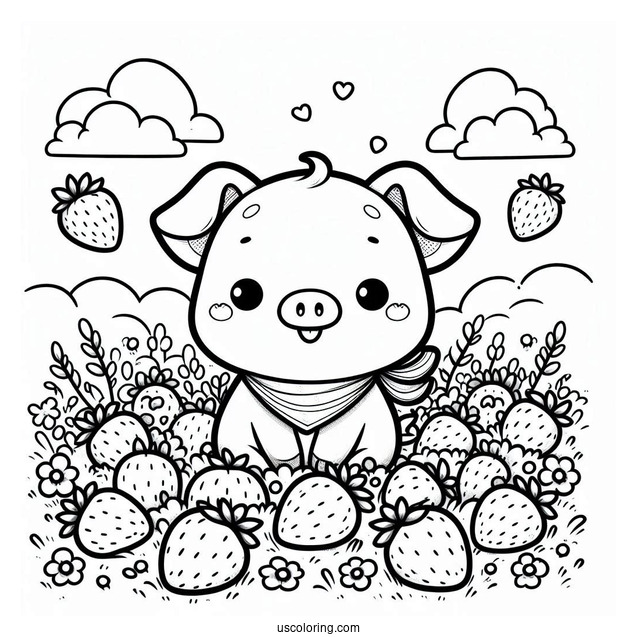 Kawaii Themed Pig In Field Of Strawberries