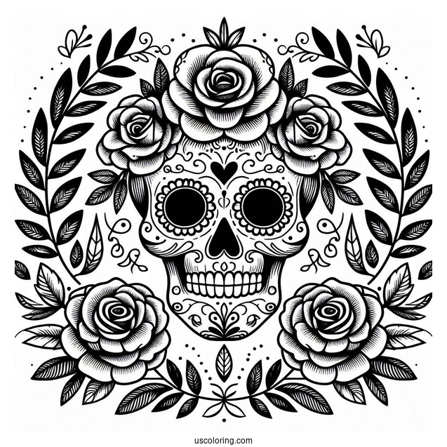 Sugar Skulls Coloring Page With Laurel Leaves And Roses