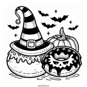 Donut Coloring Page Wearing A Witch's Hat On Halloween