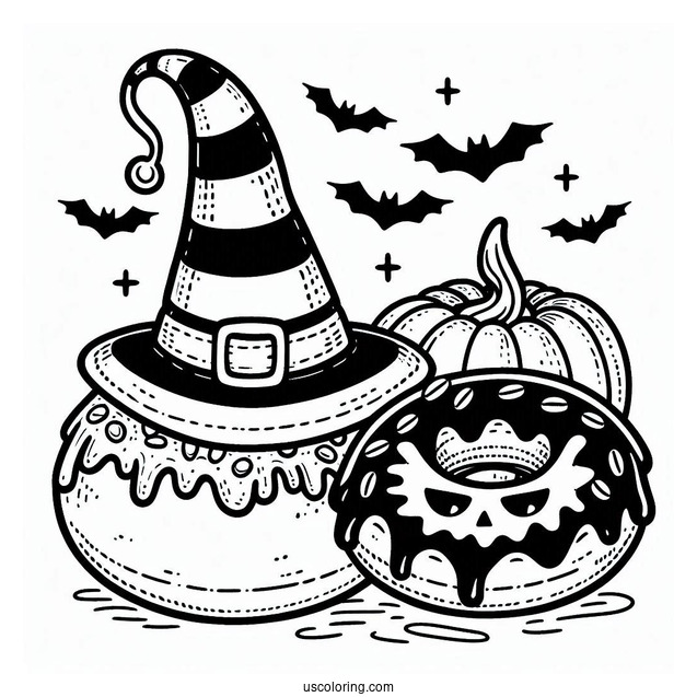Donut Coloring Page Wearing A Witch's Hat On Halloween