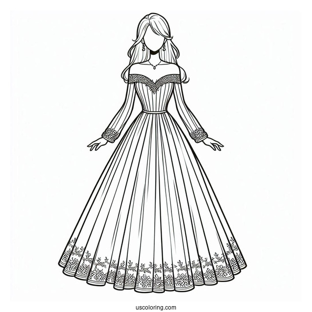 Off Shoulder Long Dress Coloring Page For Kids