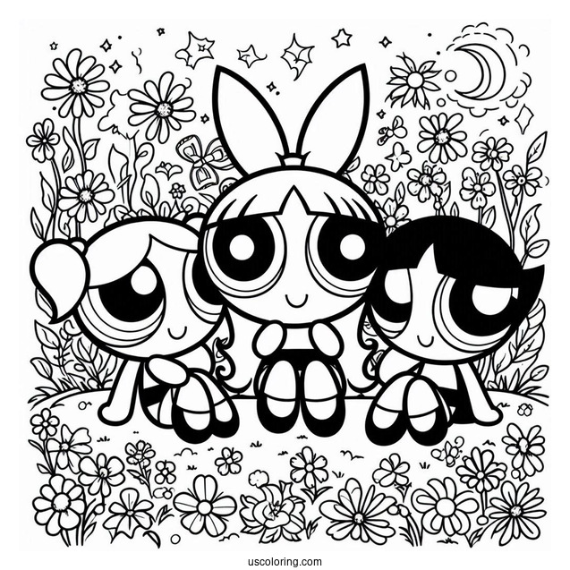 The Powerpuff Girls Sitting In a Park With Flowers