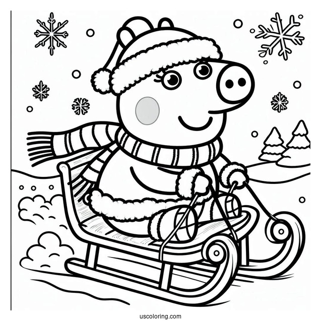 George Pig Riding Sleigh In Winter To Color