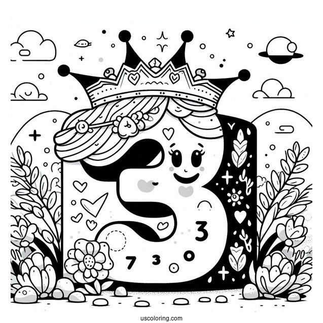 Numberblocks Coloring Page 3 Wearing Crown