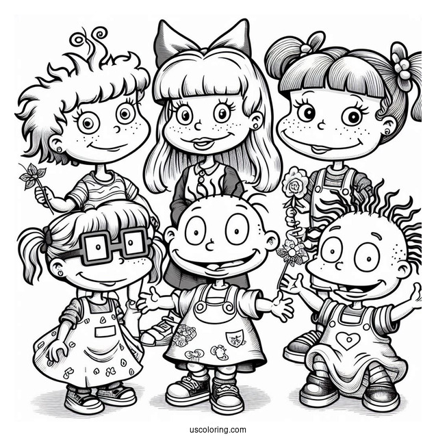Rugrats Coloring Page Of Detailed Angelika, Tommy, Chuckie, Lillian, And Susie Rugrats