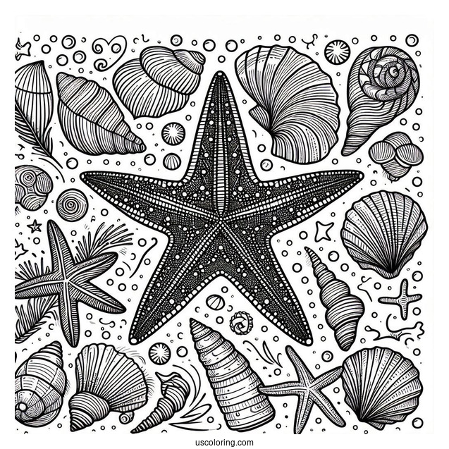 Textured Starfish Coloring Page With Seashells