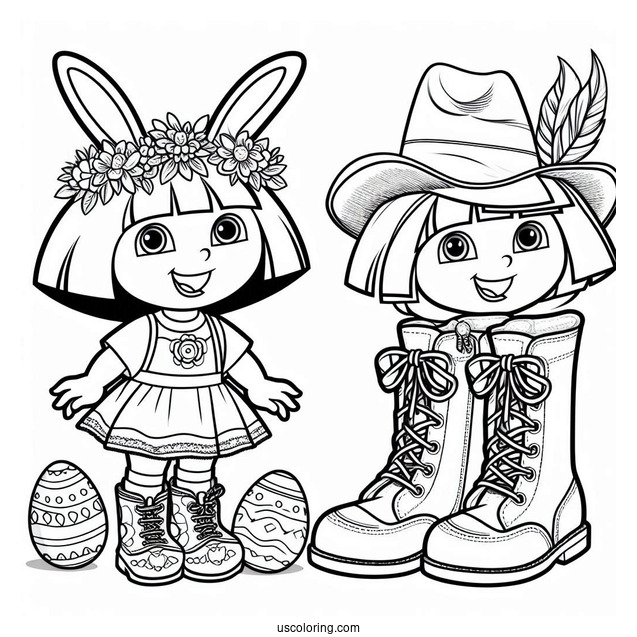 Boots And Dora Dressed Up For Easter To Color