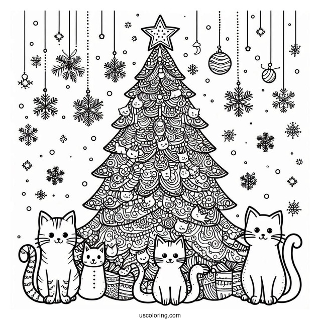 Christmas Tree With Cats Coloring Page