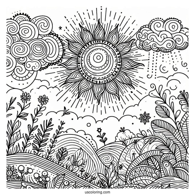 Intricate Sun With Clouds And Vegetation Coloring Page