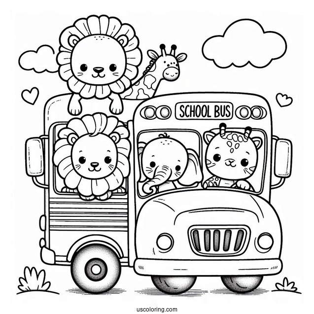 Kawaii Lion, Elephant, and Giraffe on School Bus Coloring Page For Kids